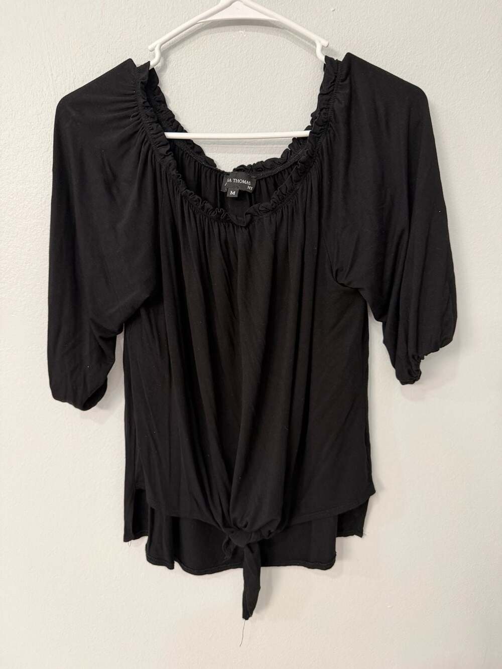 Lisa Thomas NY Women's Black Off-The-Shoulder Puff Sleeve Tie-Front Blouse